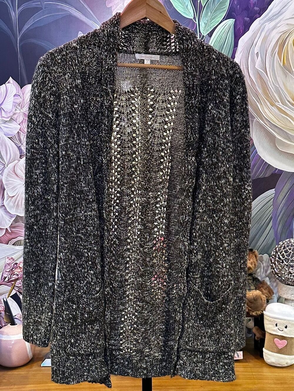 Skies Are Blue L Longline Cardigan Stretch Open Front Knit Lace Back Olive Green